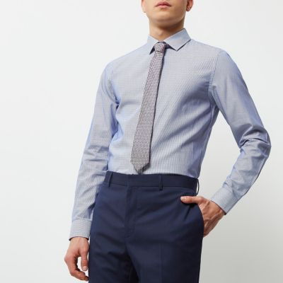 Blue slim fit stripe smart shirt with tie